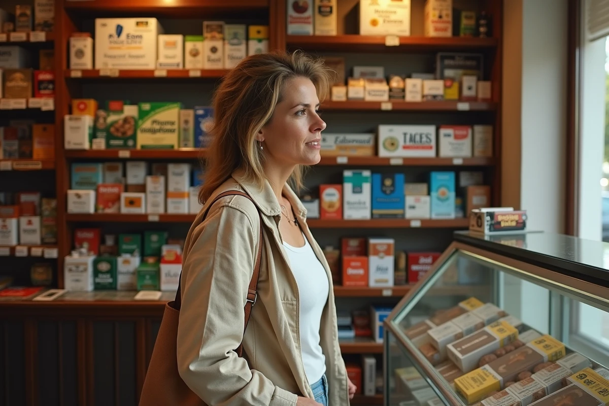 Femme achetant des cartouches de cigarettes dans un estanco espagnol, boutique de tabac réglementée en Espagne