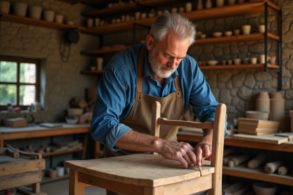Artisan menuisier travaillant le bois dans son atelier lumineux
