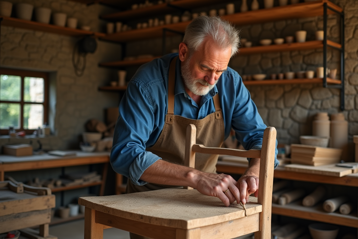 Artisan menuisier travaillant le bois dans son atelier lumineux