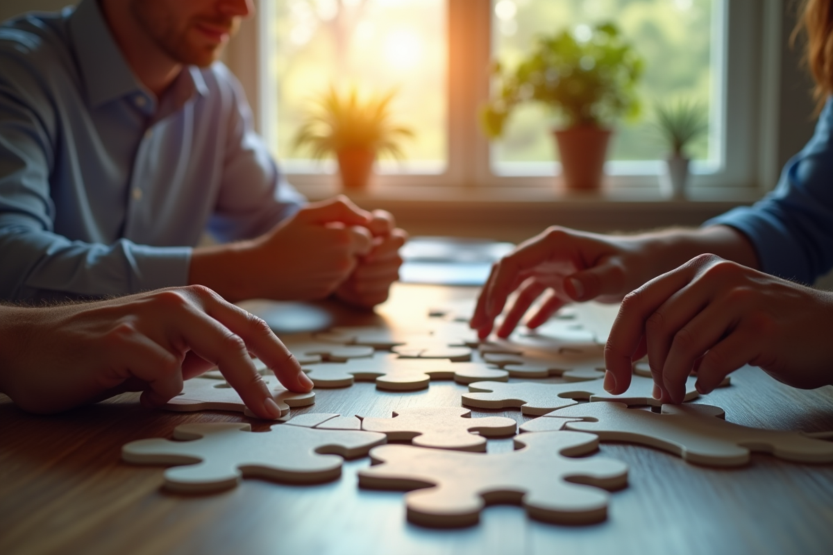 Entrepreneurs assemblant des pièces de puzzle dans un bureau lumineux