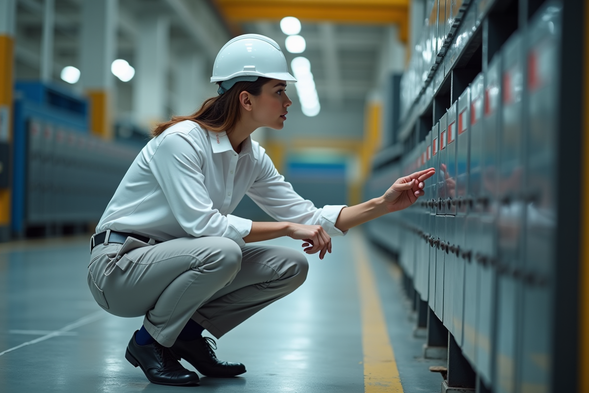 Femme auditrice en casque blanc inspectant etiquettes de securite