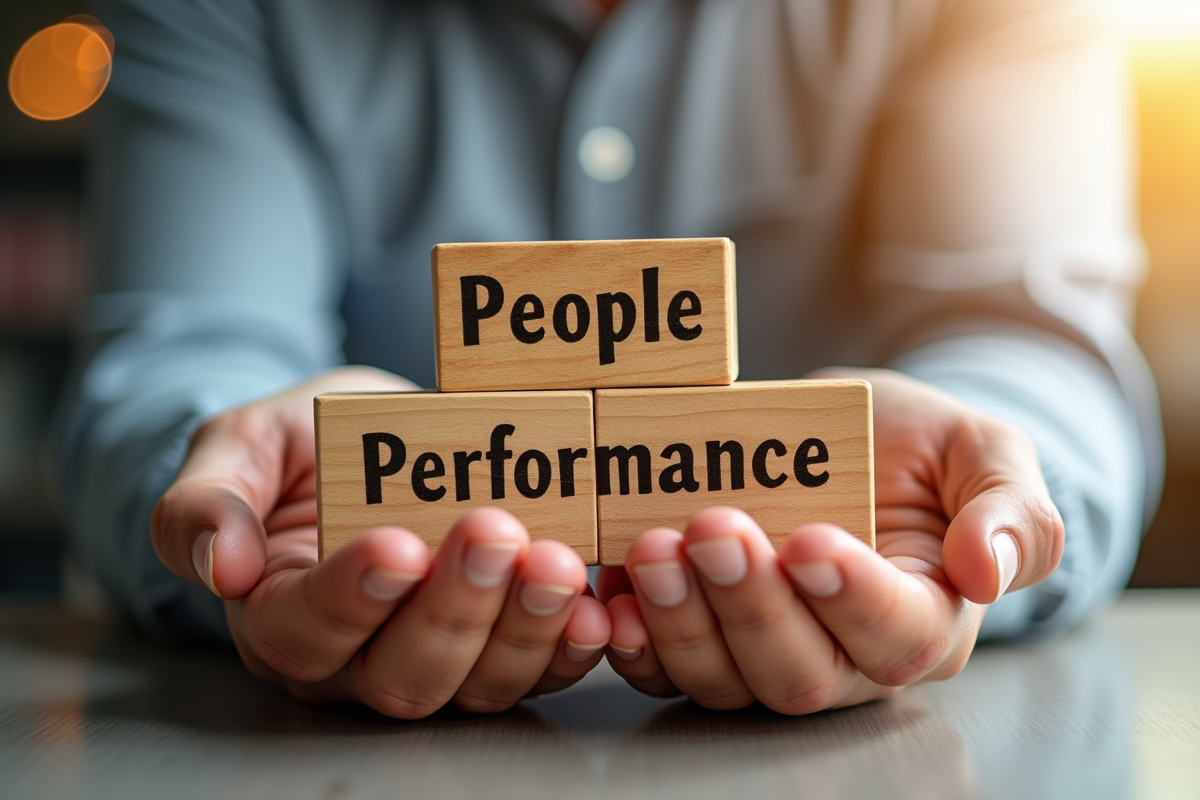 Mains tenant des blocs en bois avec les mots People Process Performance