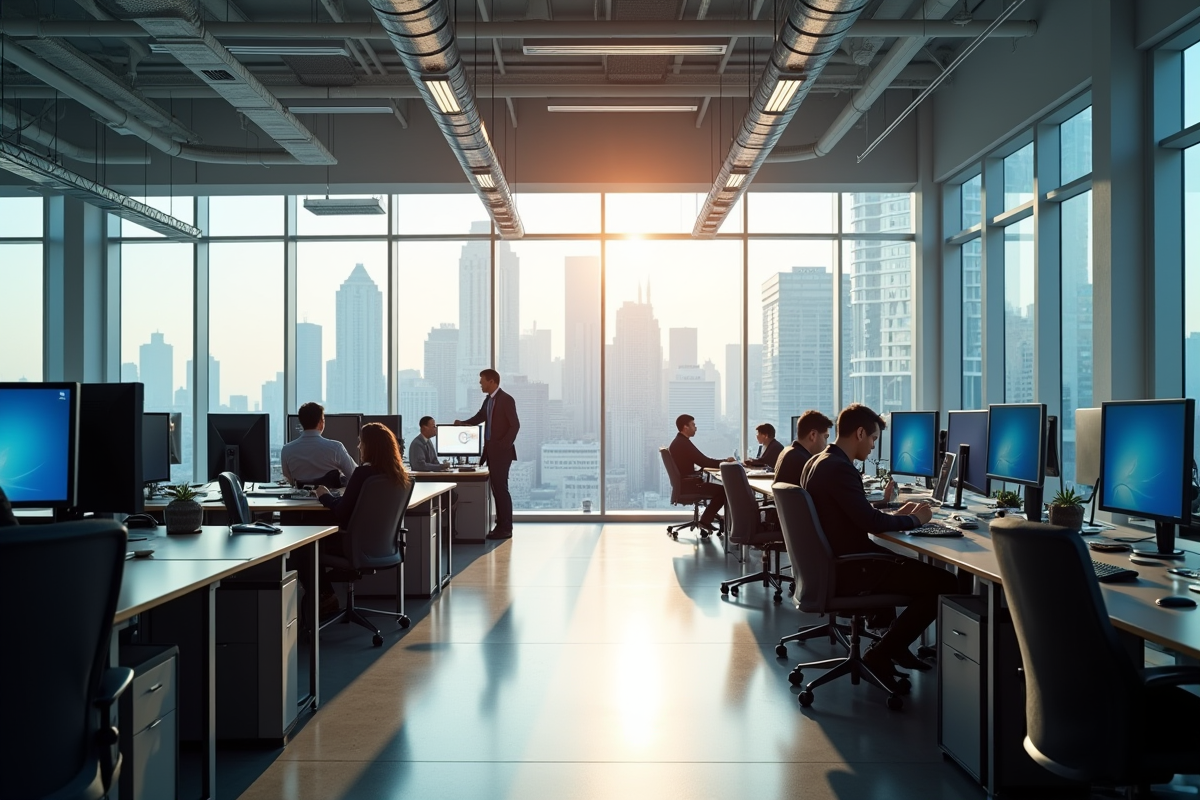 Bureaux ouverts avec écrans de communication et vue sur la ville