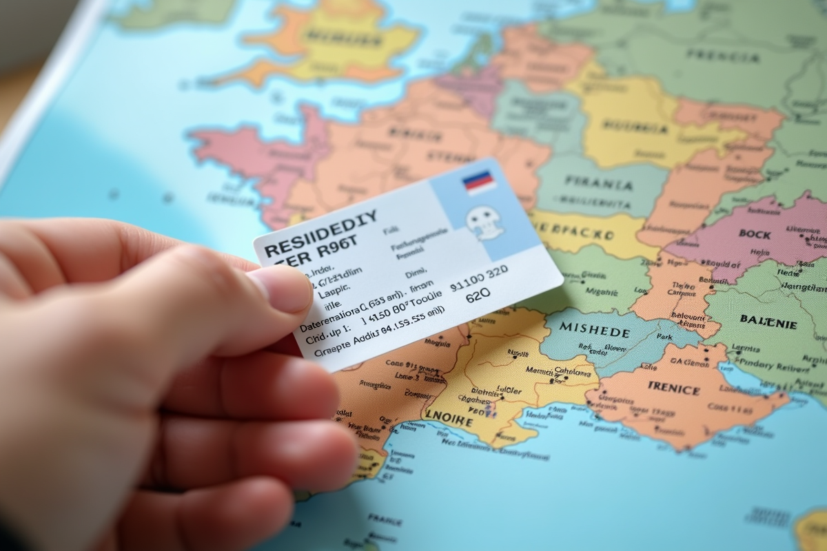 Main tenant une carte de residence française au-dessus de la carte de France