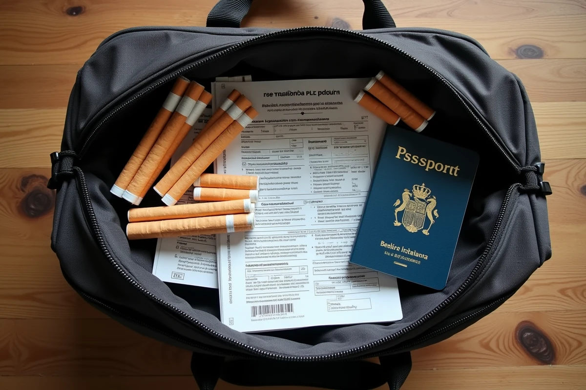 Cartouches de cigarettes Philip Morris dans un bagage de voyage avec déclaration douanière et passeport européen sur une table en bois