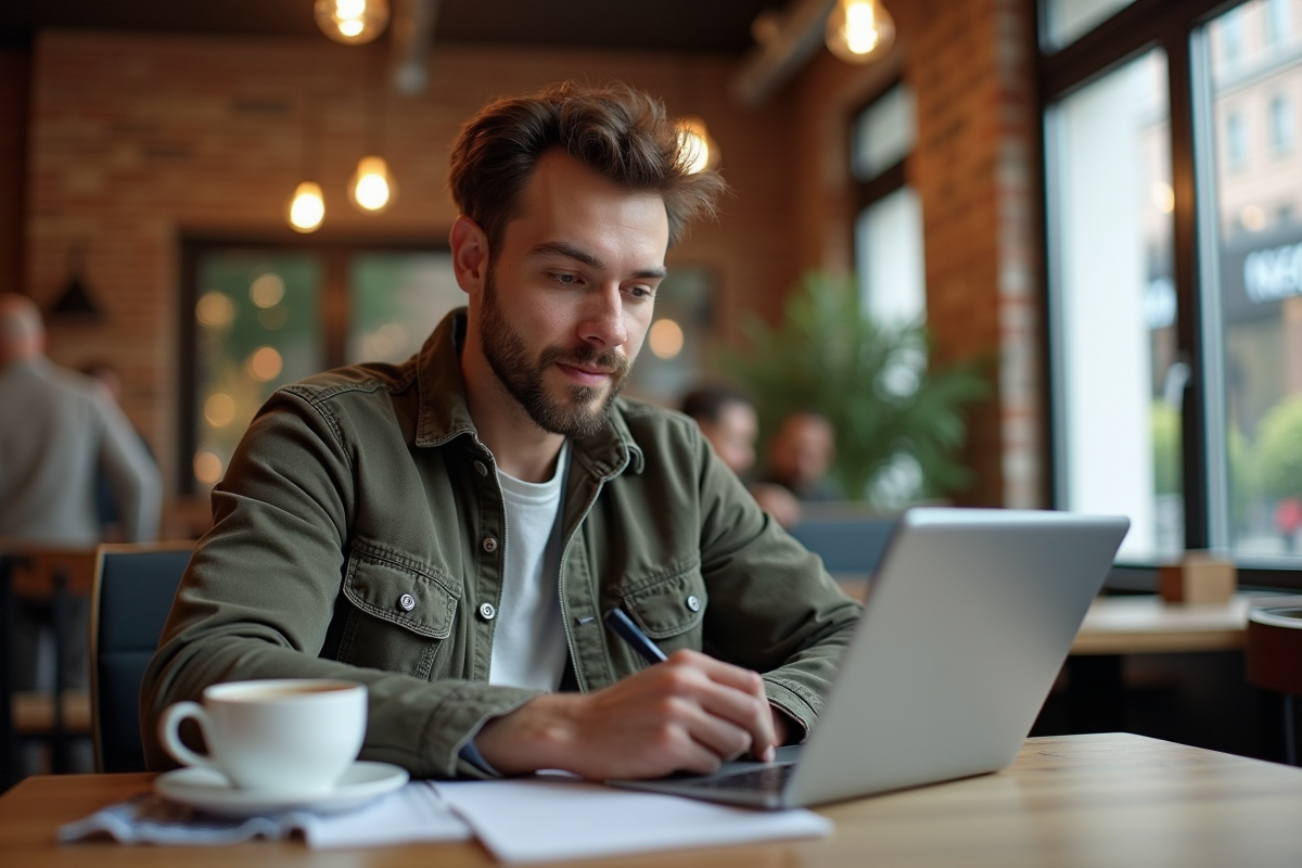 Jeune coach en café travaillant sur tablette