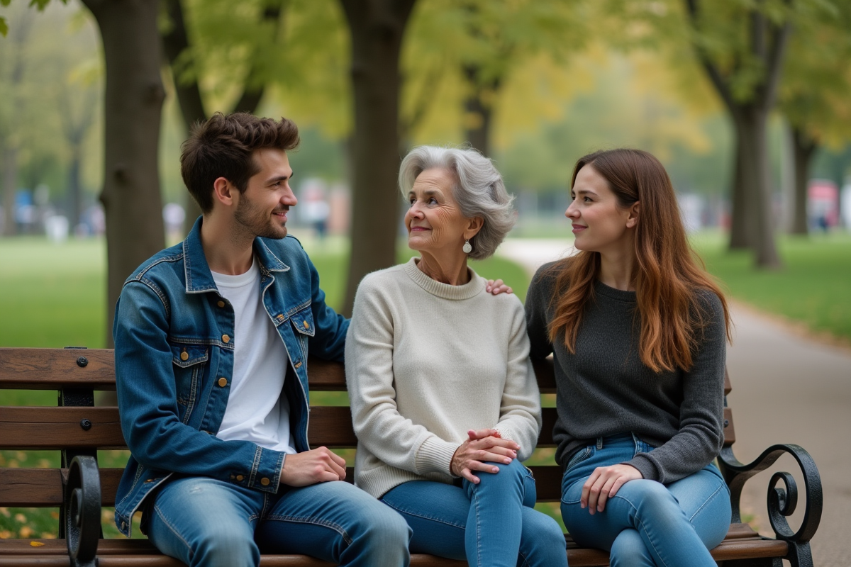 Jeunes et femme âgée discutant sur un banc dans un parc