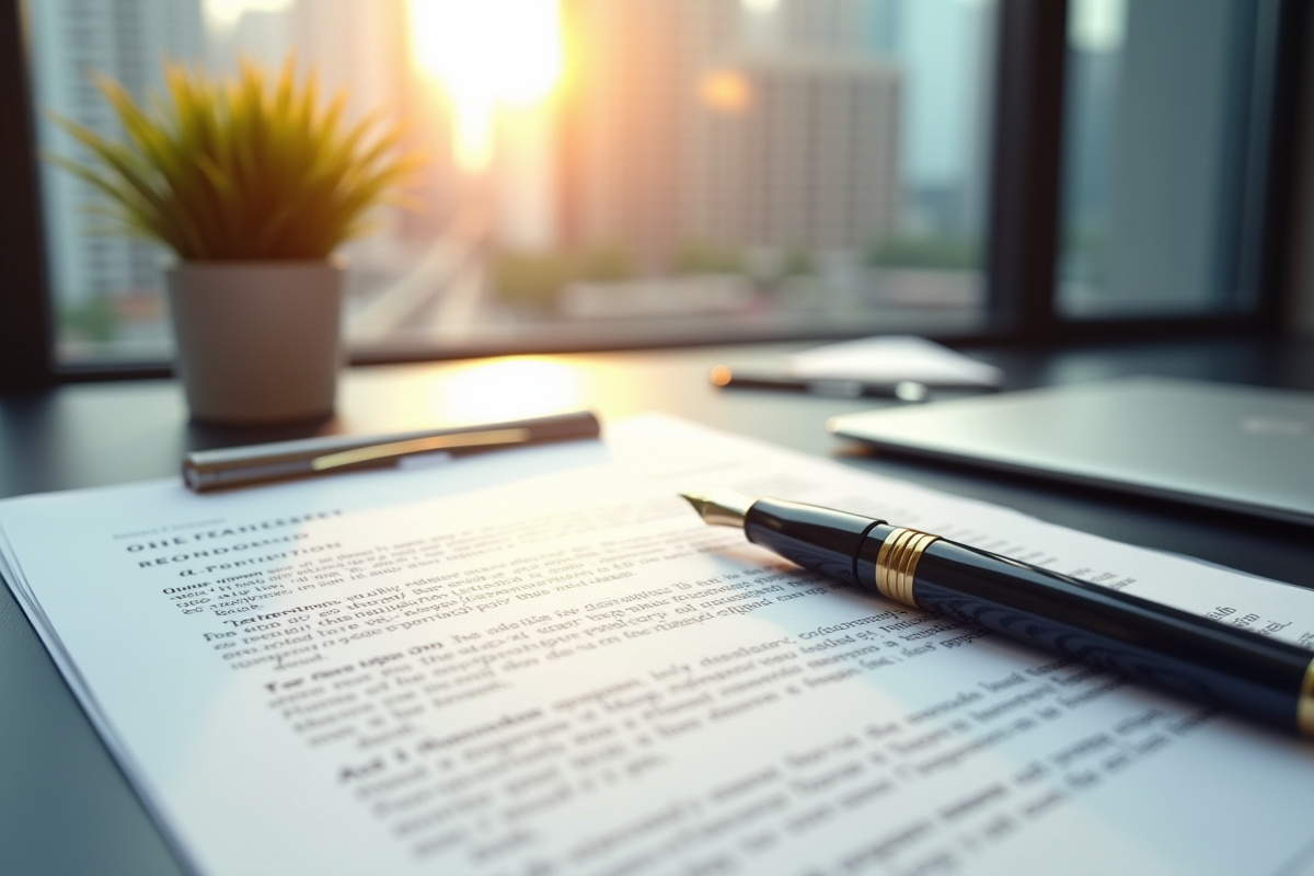 Dossier juridique ouvert avec stylo sur bureau moderne