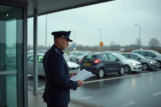 Agent des douanes en uniforme contrôlant des documents à un poste frontière européen entre l'Espagne et la France