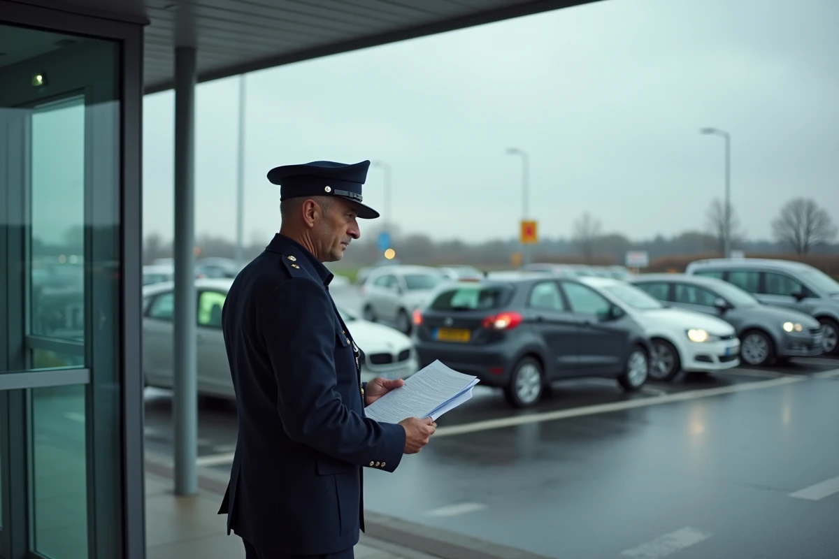 Agent des douanes en uniforme contrôlant des documents à un poste frontière européen entre l'Espagne et la France