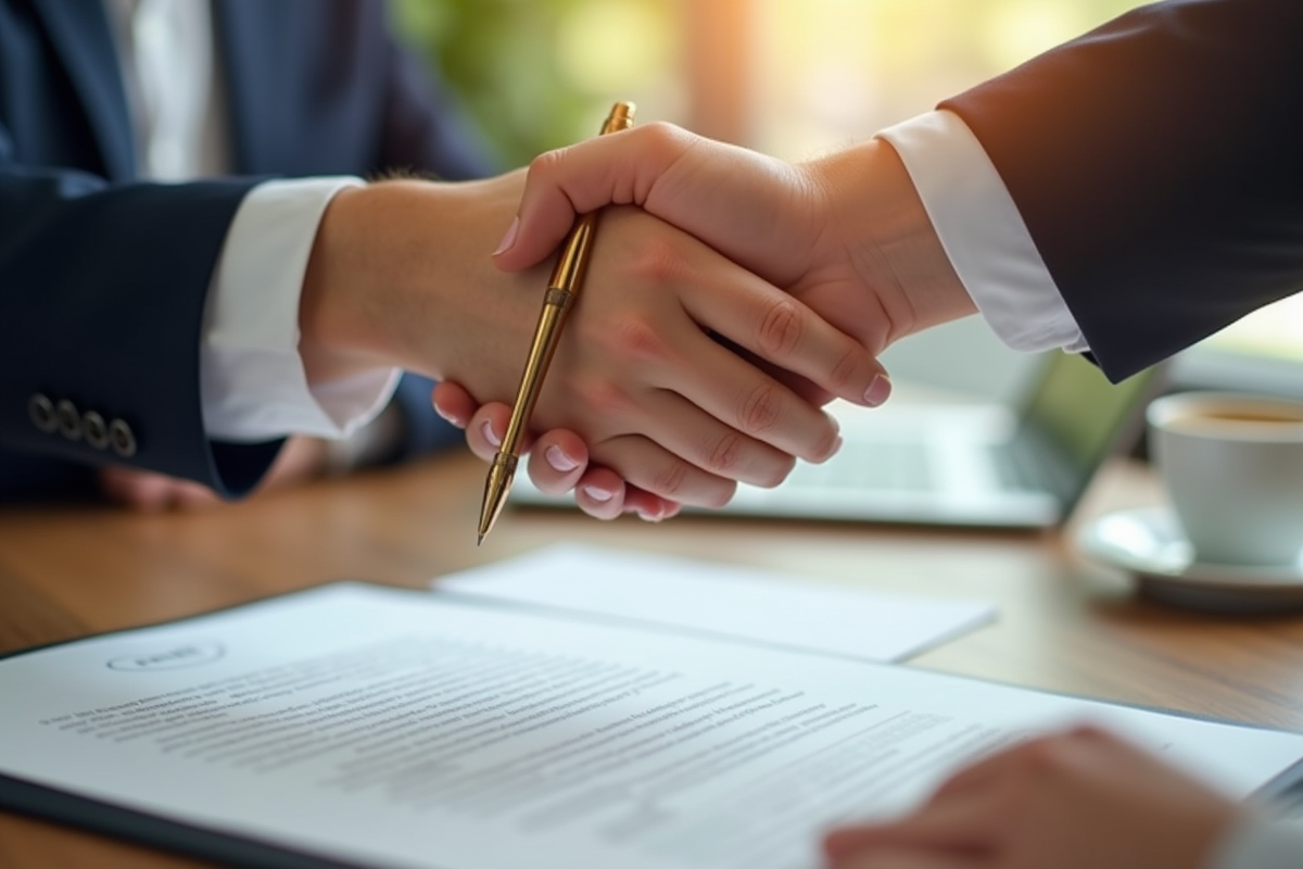 Main échangeant un contrat signé avec un stylo doré sur une table