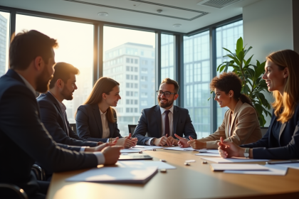 Groupe de professionnels en réunion dans un bureau lumineux