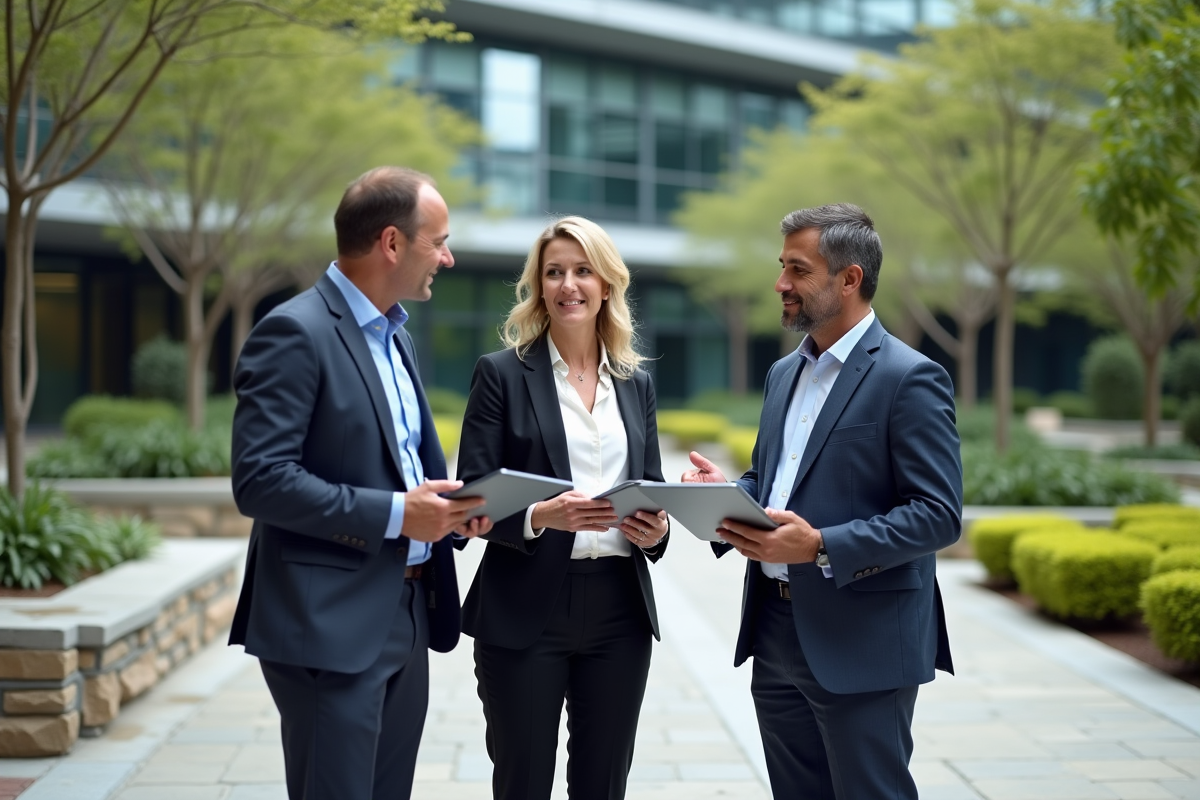 Groupe de professionnels discutant dans une cour d