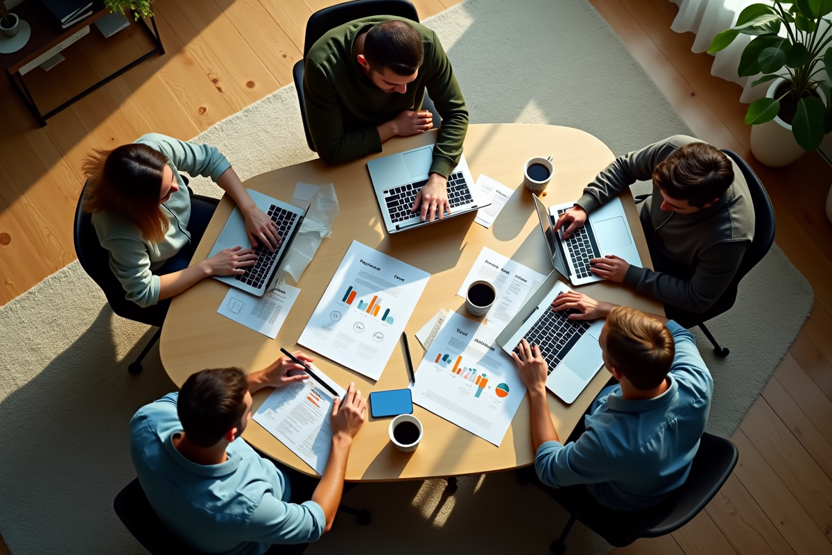 Équipe de startup en réunion dans un espace de travail lumineux