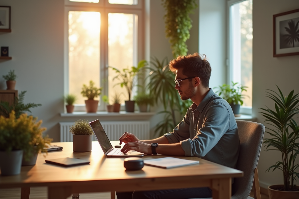 Espace de travail à domicile avec ordinateur et plantes
