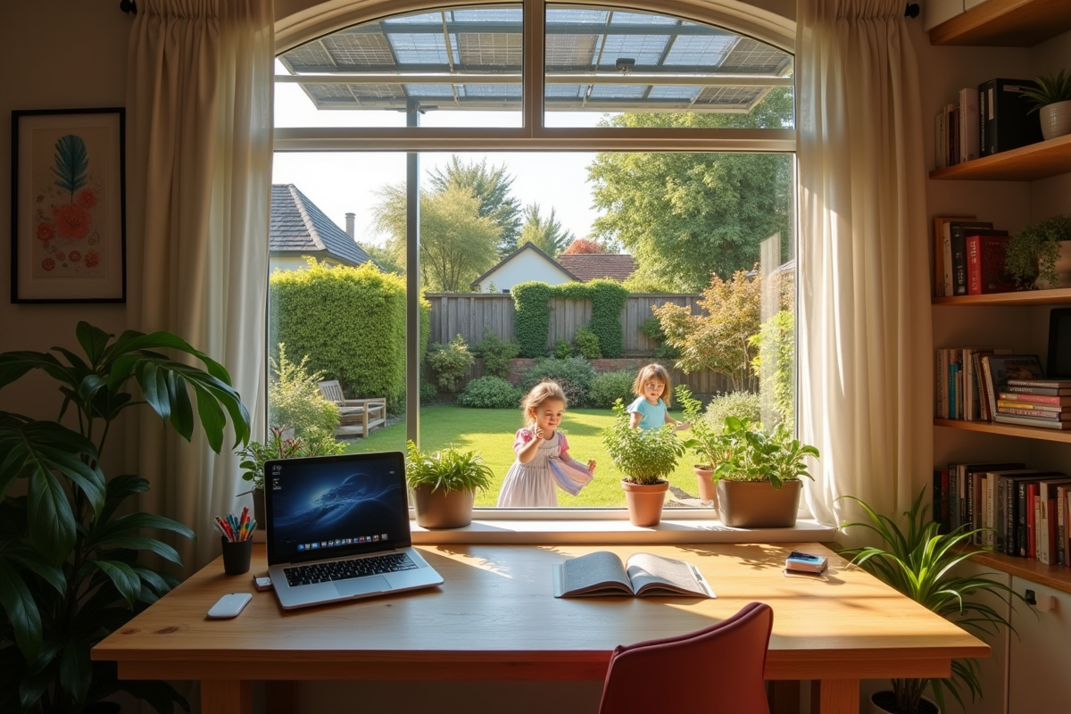 Coin de travail avec panneaux solaires et enfants jouant