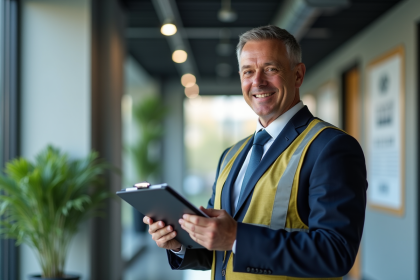 Expert QHSE homme en costume avec gilet de securite en portrait