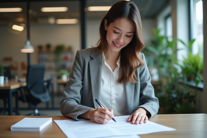 Femme d'affaires en r&eacute;union dans un bureau moderne