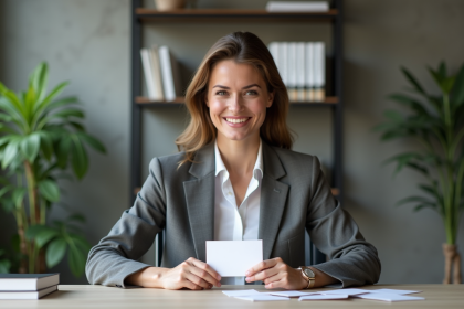 Femme d'affaires souriante tenant des cartes de visite modernes