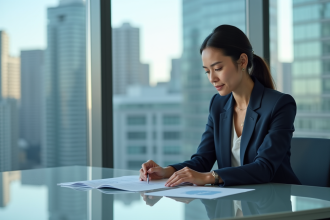 Femme d'affaires confiante en tailleur bleu marine dans un bureau moderne