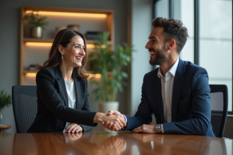 Femme d affaires serrant la main d un jeune homme dans un bureau moderne
