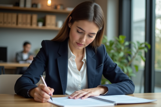 Femme en blazer navy remplissant des formulaires d'assurance
