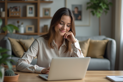 Femme en bureau à domicile avec sourire réfléchi