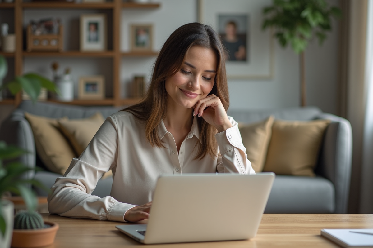 Femme en bureau à domicile avec sourire réfléchi