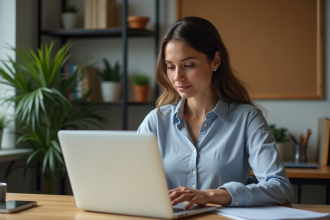 Femme en bureau moderne travaillant sur son ordinateur
