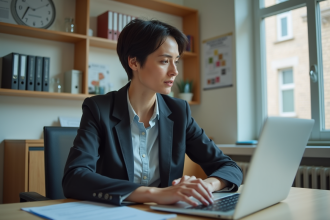 Femme en blazer préparant une candidature emploi