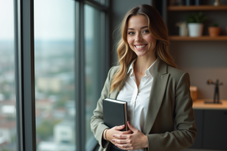 Femme confiante dans un bureau moderne avec journal