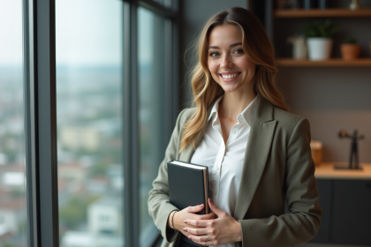 Femme confiante dans un bureau moderne avec journal