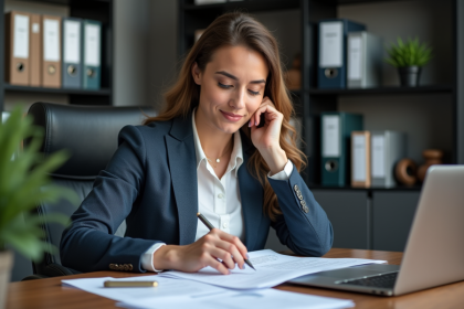 Femme d'affaires concentrée en revue des documents de conformité