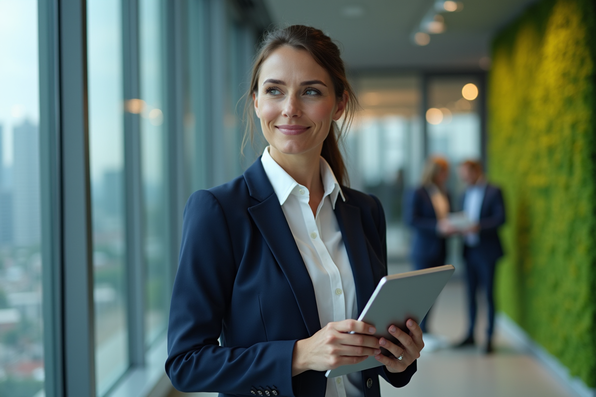 Femme executive tenant une tablette avec vue urbaine