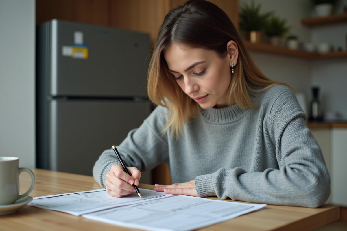 Femme remplissant un formulaire médical dans la cuisine
