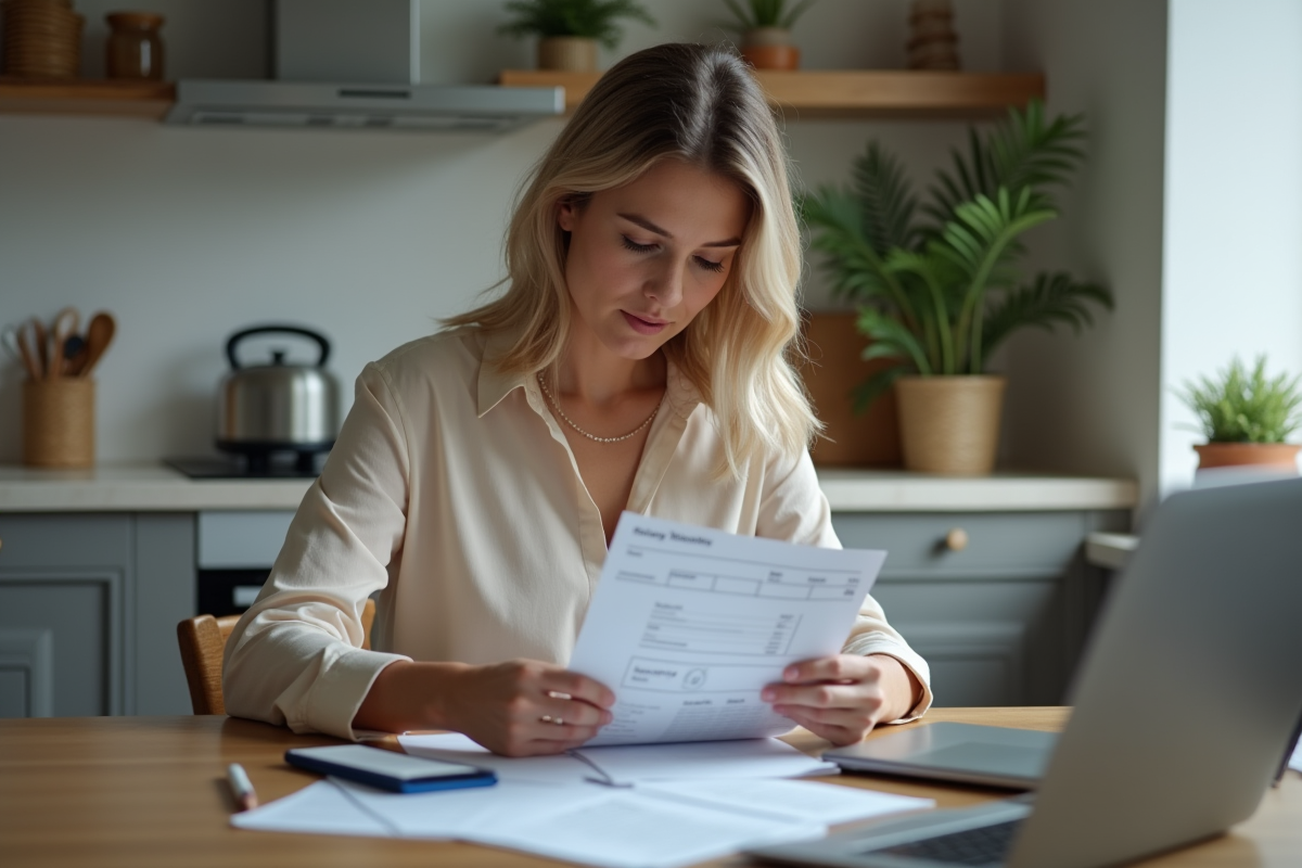 Femme à la maison examinant ses factures et fiche de salaire