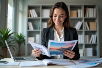 Femme professionnelle examine brochures colorées au bureau
