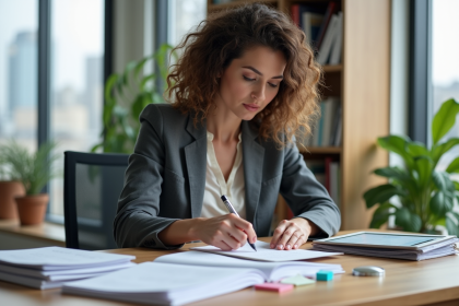 Femme d'âge moyen organisant des documents au bureau