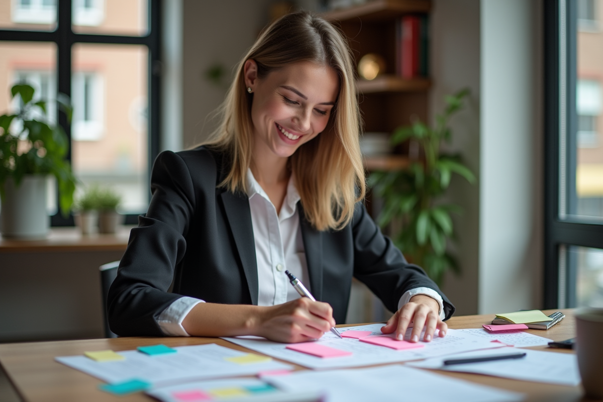 Femme souriante planifiant avec des notes colorées à son bureau