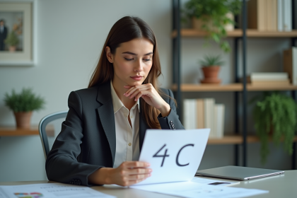 Femme en blazer analysant un document dans un bureau lumineux