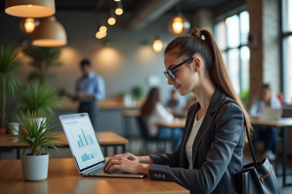 Jeune femme professionnelle analysant des graphiques marketing