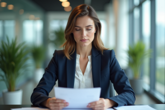Femme d'affaires en bureau moderne avec skyline
