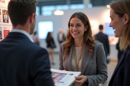 Femme élégante échange un flyer lors d'un salon professionnel