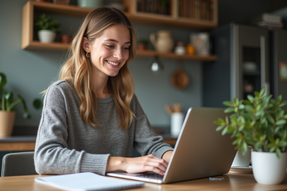 Jeune femme travaillant sur son ordinateur dans une cuisine moderne