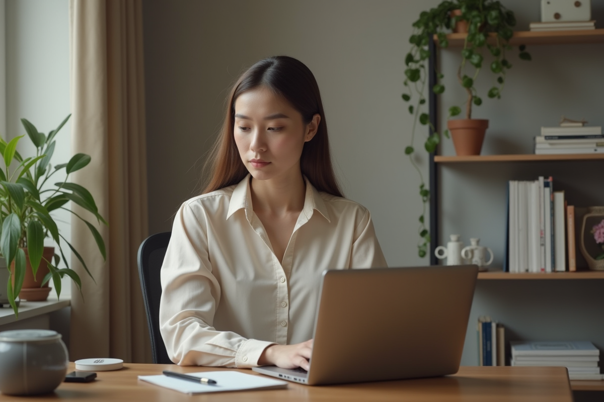 Jeune femme travaillant sur son ordinateur dans un bureau à domicile