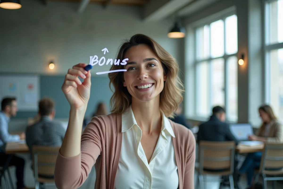 Femme souriante dessine une formule bonus sur un tableau en milieu collaboratif