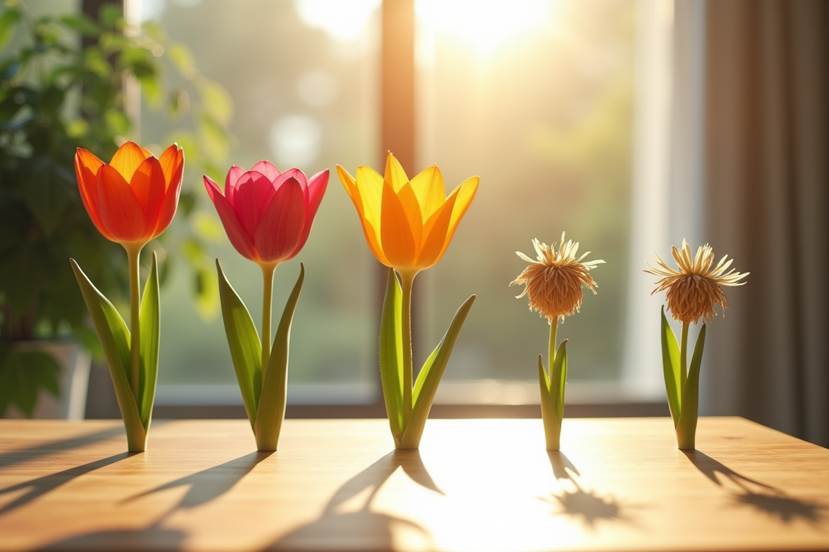 Fleurs éclatantes et fanées sur une table en bois ensoleillée