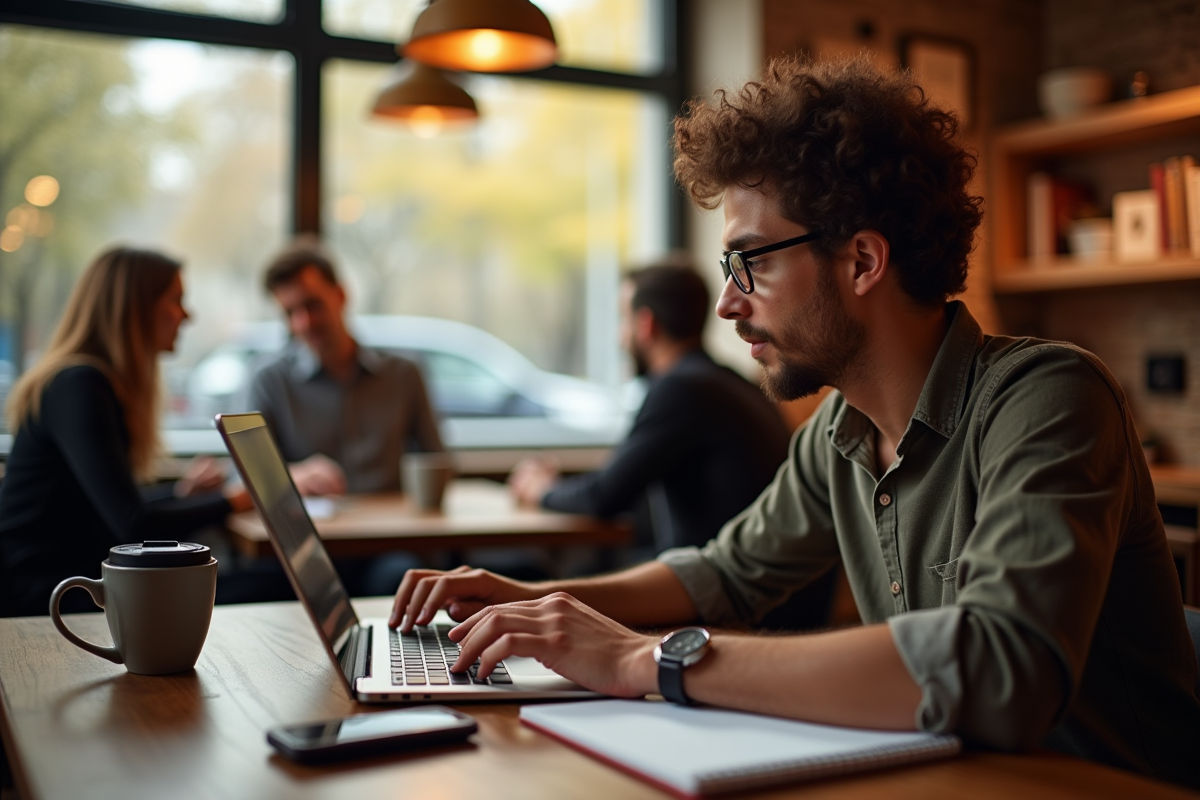 Freelance travaillant sur son ordinateur dans un café cosy