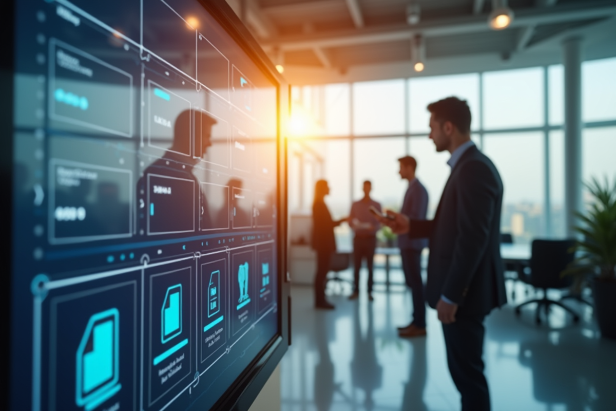 Equipe collaborant devant un grand écran tactile de gestion de documents