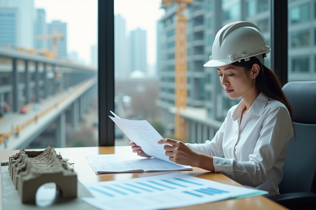 Jeune femme gestionnaire de projet à son bureau avec plans et maquette